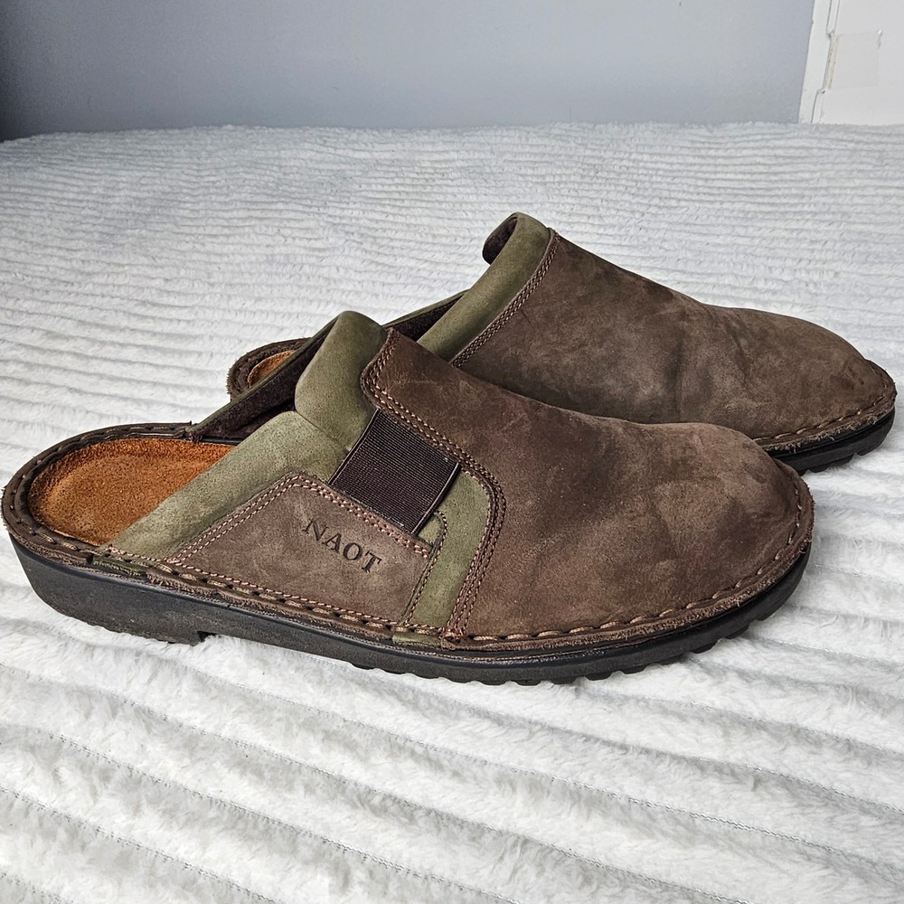 Naot Mens Brown Olive Nubuck Leather Slip‎ On Clogs Mules Size 40 Made in Israel